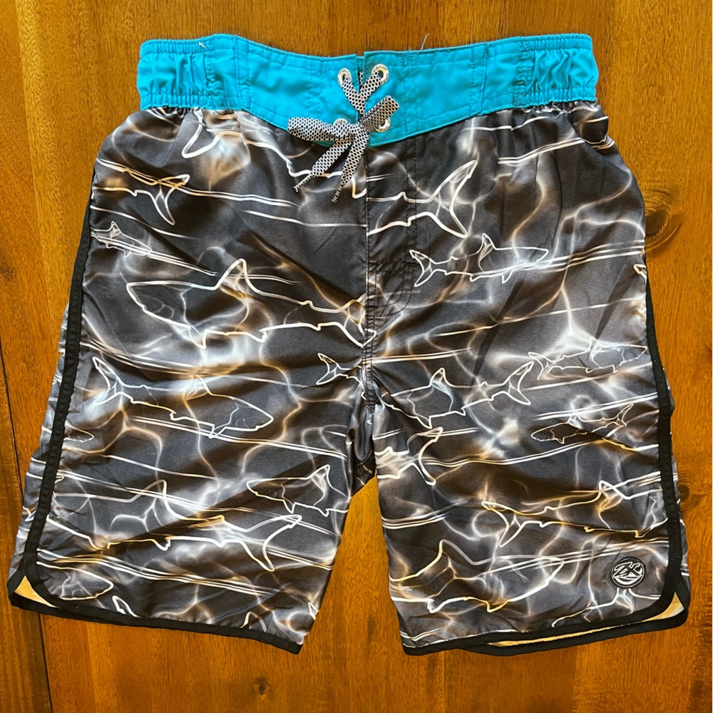 Youth XL swim trunks, gray with light blue waistband